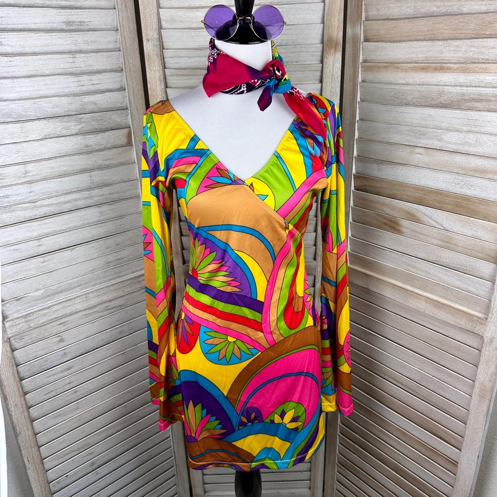 70s Woodstock Festival Hippie Chick Costume Dress Bell Sleeve Set Small